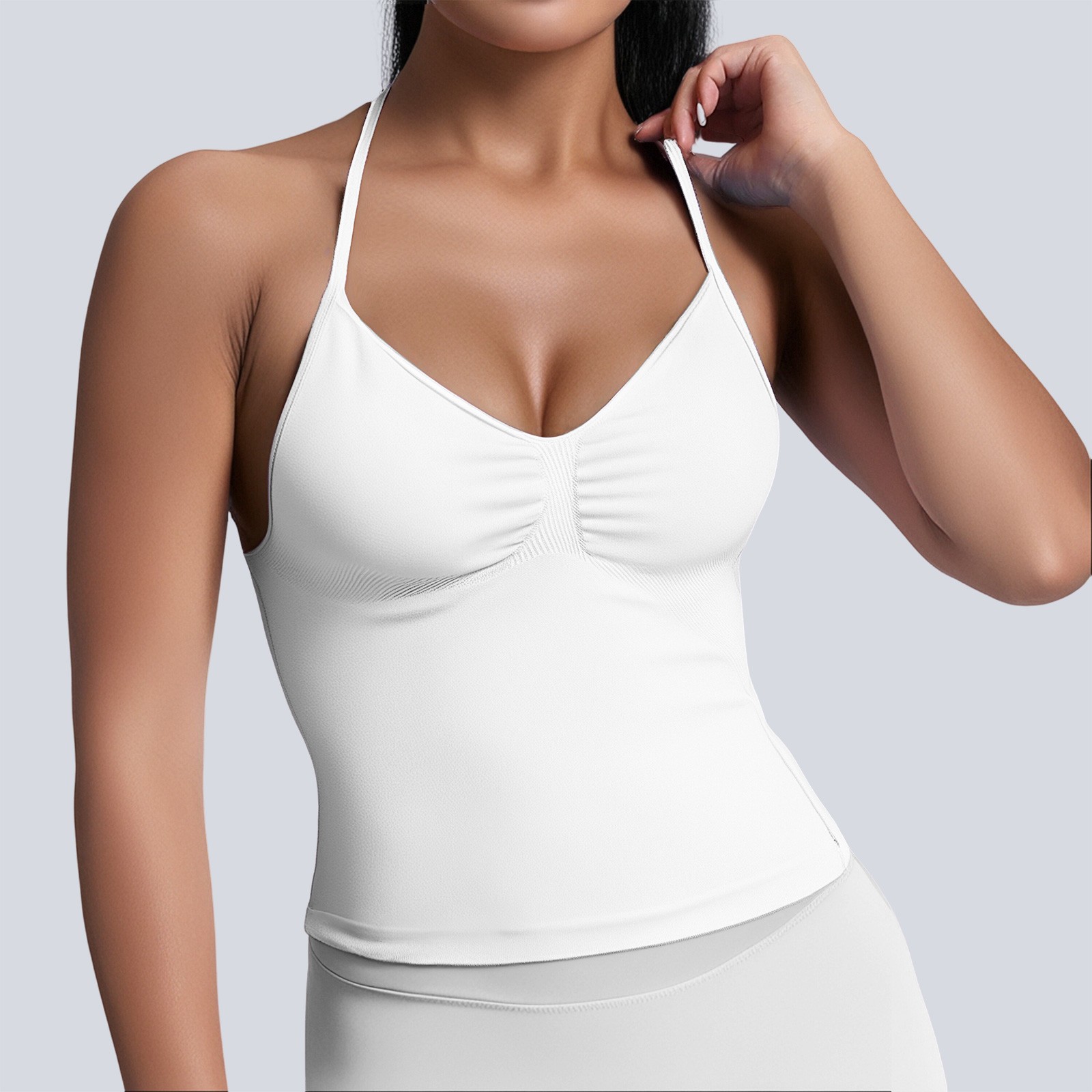 thumbnail image 2 of Camiseta deportiva sin costuras de nailon muy elástico para mujer: diseño sin espalda, copas extraíbles, detalle fruncido en la parte delantera, para yoga y fitness., 2 of 5